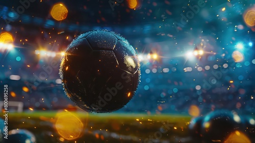 a soccer ball in closeup flying in the air on a big soccer field stadium