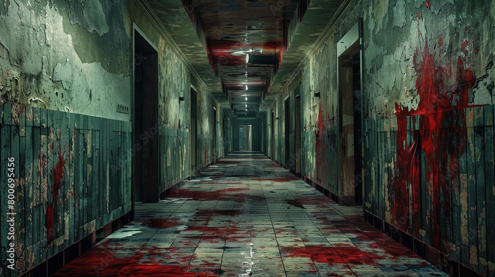 Bloody hallway, Halloween environment, horror background, sanatarium or hospital, prison --ar 16:9 Job ID: 1330c47d-8729-40f4-9afb-1e5f8a3899f6