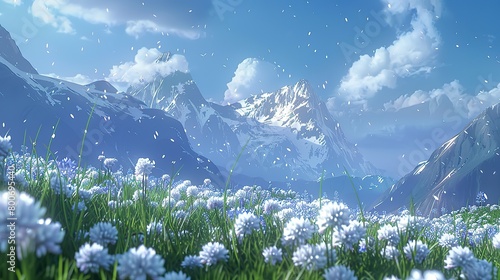 on the blue snow mountain, snow, surrounded by beautiful grass, flowers adorn it. image super high definition, pure beauty unimaginable in the eyes of urbanites.  photo