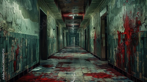 Obraz na płótnie Bloody hallway, Halloween environment, horror background, sanatarium or hospital, prison --ar 16:9 Job ID: 1330c47d-8729-40f4-9afb-1e5f8a3899f6 w salonie