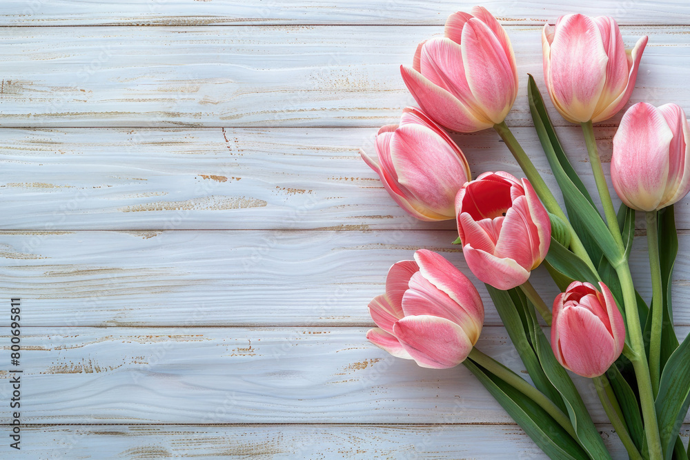 Fototapeta premium Beautiful Pink Tulips on a Light Wooden Board with Space for Copy, Mothers Day
