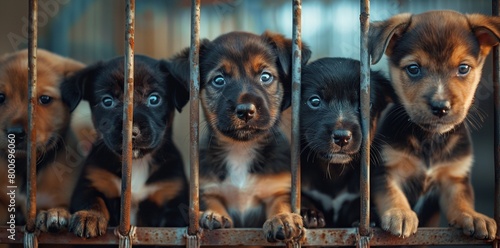 The sorrowful sight of puppies in an animal shelter, imprisoned behind bars, yearning for the opportunity to find a loving home and shelter. banner.