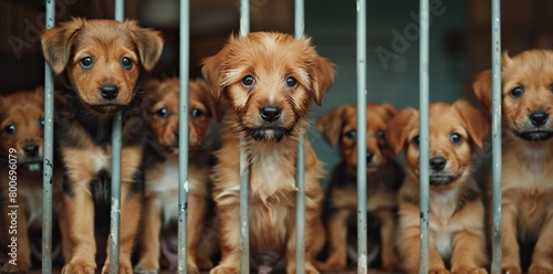 The pitiful look of puppies in an animal shelter, confined behind bars, hopeful that they will be chosen and provided with shelter. banner.