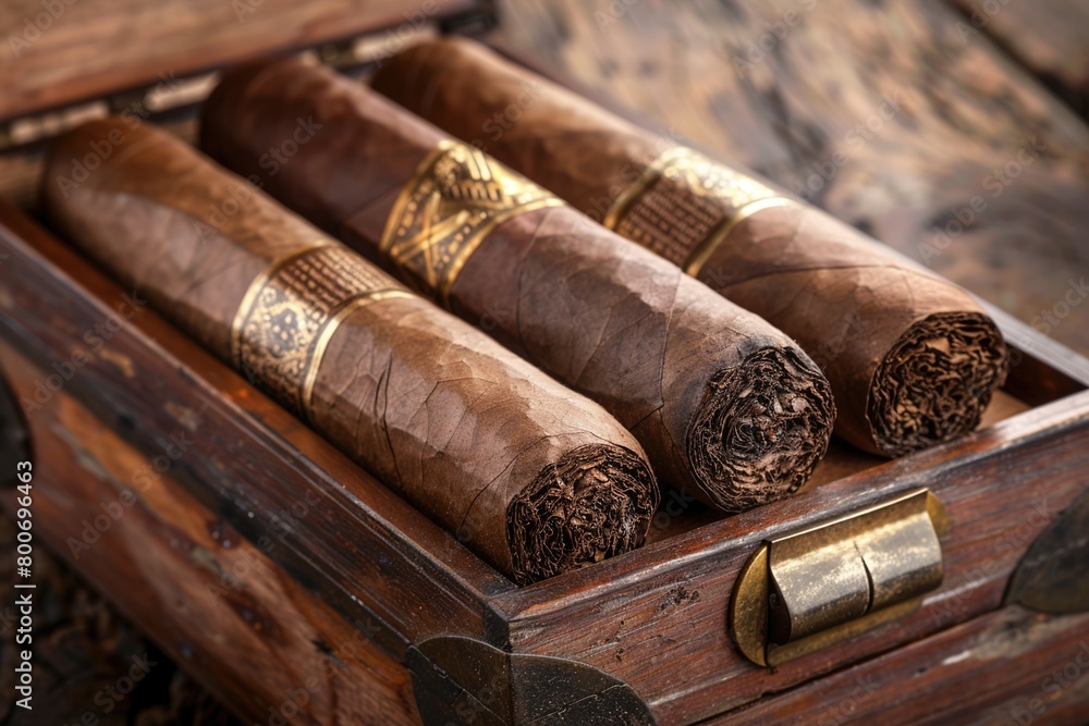 Box of cuban cigars on wooden table. Fictitious labels. --ar 3:2 Job ID: 7f6df736-6854-4dd0-a62c-6a0272c34e2e