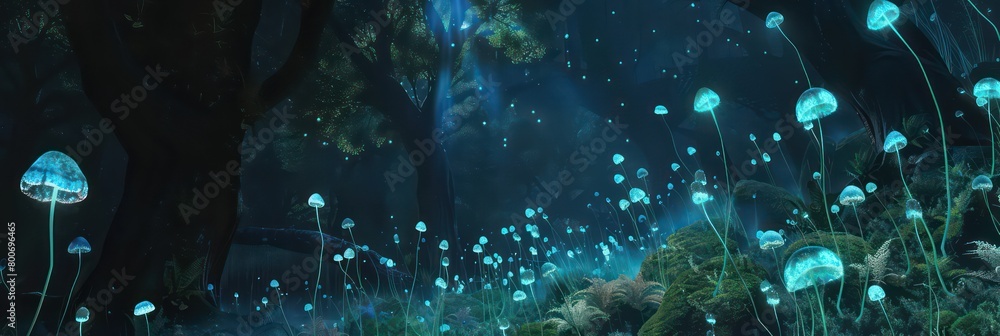 Fototapeta premium bio luminescent mushroom forest, glowing electric jellyfish circuits