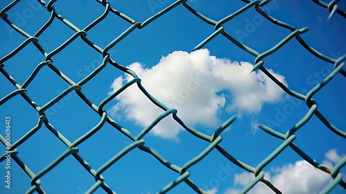 one cloud in the blue sky behind an open chain link fence, photo realistic