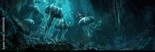 bio luminescent mushroom forest, glowing electric jellyfish circuits photo