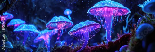 bio luminescent mushroom forest, glowing electric jellyfish circuits