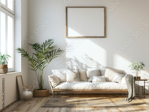 design a living room  white walls and light wooden floors
