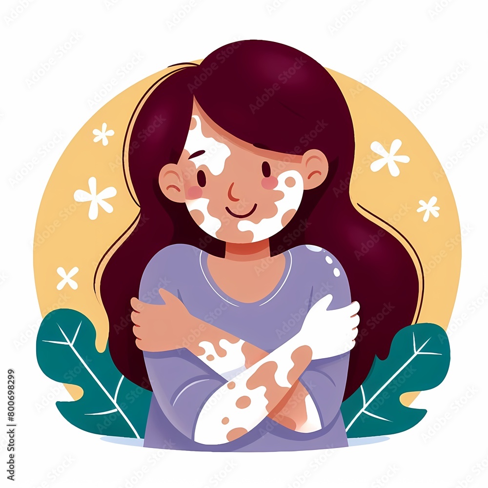 illustration of A cartoon of one positif women with vitiligo on his skin is smiling and hugging herself

