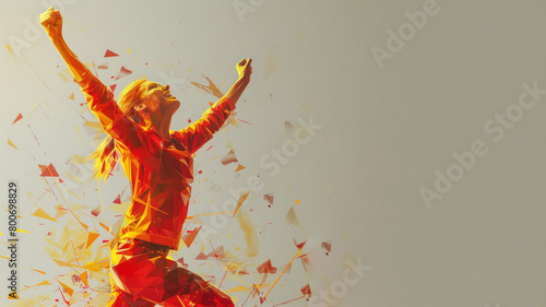 Red yellow geometric form illustration of runner celebrating victory