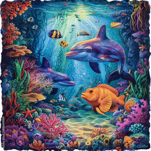 Bring the depths of the ocean to life with a dynamic and captivating design showcasing a tilted angle view of deep-sea diving Include vibrant marine life and a sense of exhilarating exploration