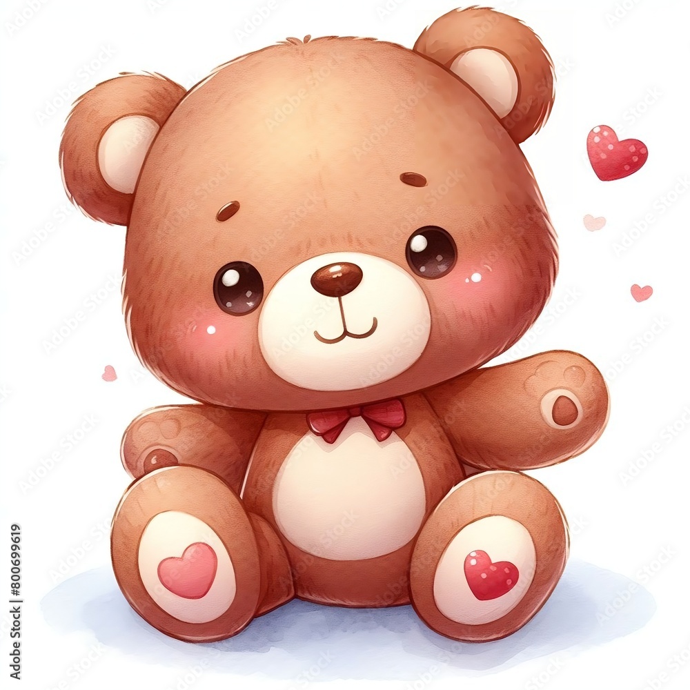 Illustration of a watercolor cute brown baby teddy bear with hearts on its feet and white background. Generative AI. Illustration of a watercolor cute brown baby teddy bear with hearts on its feet and white background. Generative AI.