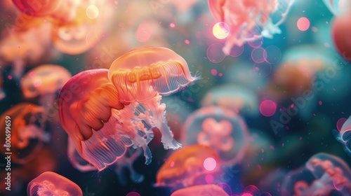 vibrant sea colorful jellyfish glow background photo