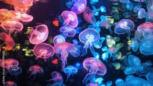 vibrant sea colorful jellyfish glow background