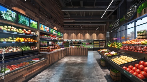 grocery store with big led screens and holograms