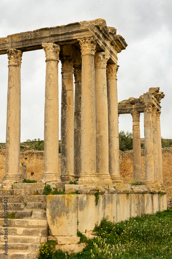 Temple building details of Juno Celestis (Junon Celestis), archaeological site of ancient Roman Dougga, Tunisia