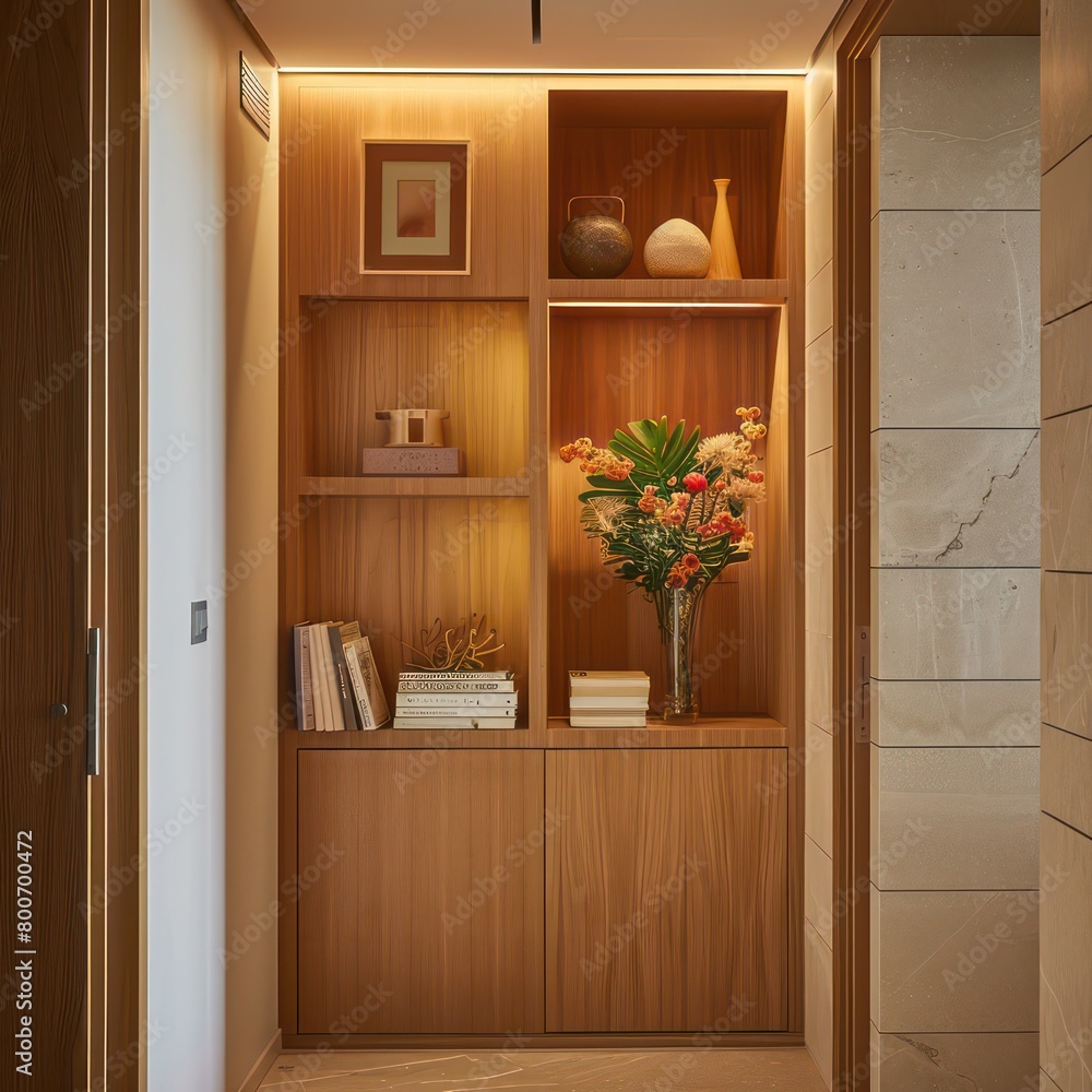 Fototapeta premium shelves in a wooden cabinet, hallway with lift and a apartment main door light beige and light amber, few decor books, flowers