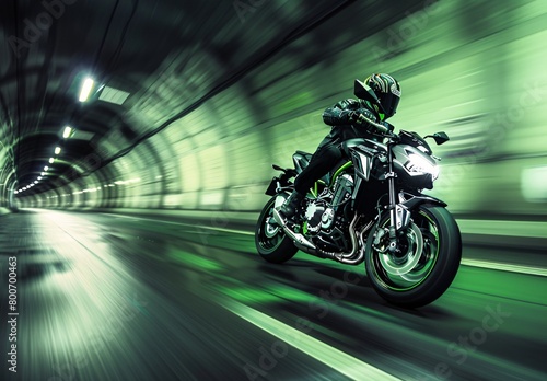 motorcycle in motion on green tunnel