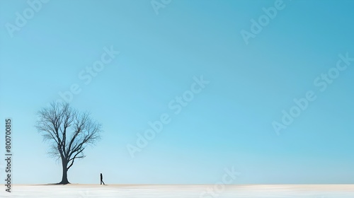 Minimalist Winter Landscape Solitary Tree and Distant Figure on Snowy Field Under Blue Sky photo