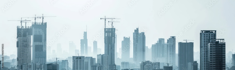 panorama of the city,  skyscrapers  in the city and cranes, white sky