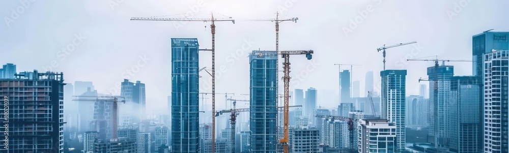 panorama of the city, skyscrapers in the city and cranes, white sky panorama of the city, skyscrapers in the city and cranes, white sky