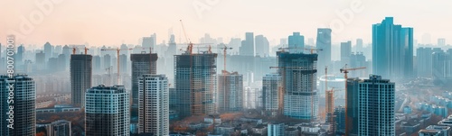 panorama of the city, skyscrapers in the city and cranes, white sky