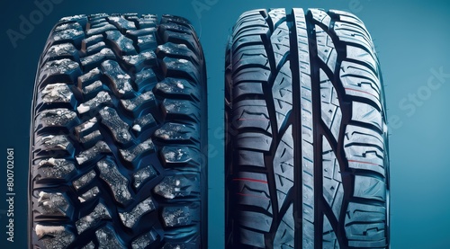 winter car tire and a summer car tire, treads detail, blue background
