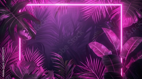 tropical foliage with modern purple neon square