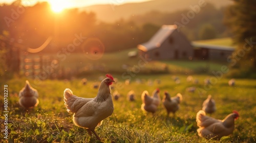 Traditional chicken farm outdoors. Farm land grass landscape view.