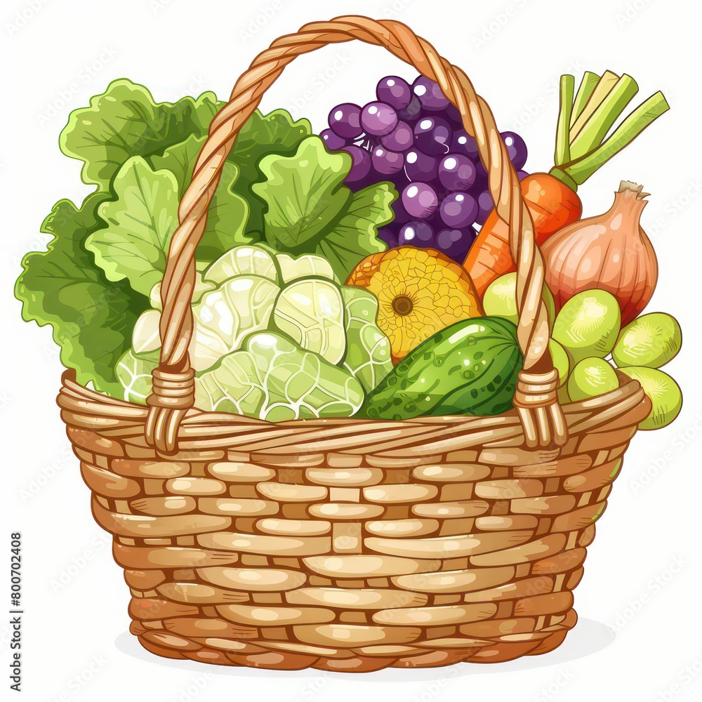 grocery basket contains cabbage, cucumbers, grapes, onions and carrots grocery basket contains cabbage, cucumbers, grapes, onions and carrots