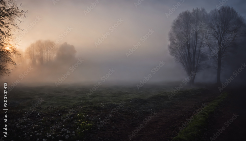 a foggy field with trees and a dirt path in the foreground and a sun shining through the fog