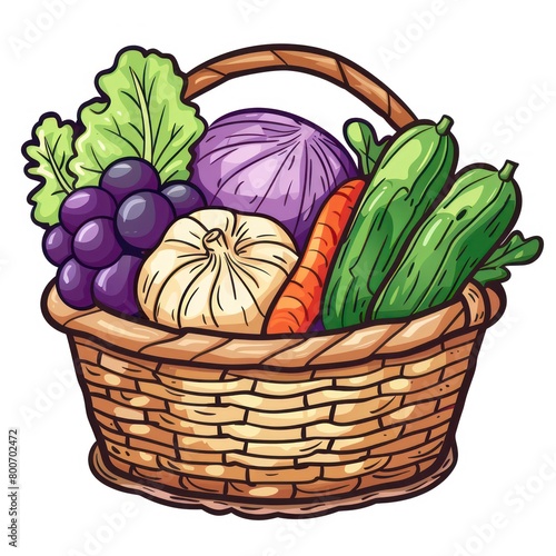 grocery basket contains cabbage, cucumbers, grapes, onions and carrots
