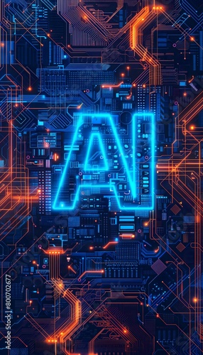 an image featuring bold, capitalized letters AI in the center with a highly detailed futuristic circuit board background
