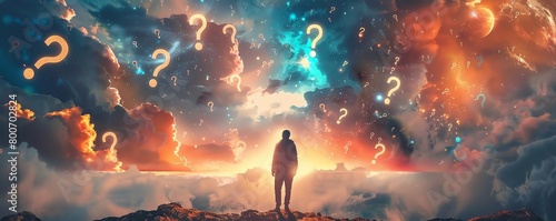 A human icon reaching up towards floating question marks in the sky, surreal landscape, concept of reaching for answers
