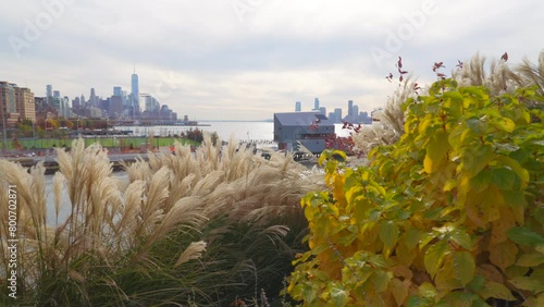 NEW YORK, NEW YORK USA – NOVEMBER 18: Lower Manhattan skyscraper stands beyond the autumn color leave from the Little Island Park in West Village on November 18, 2023 in New York City. photo