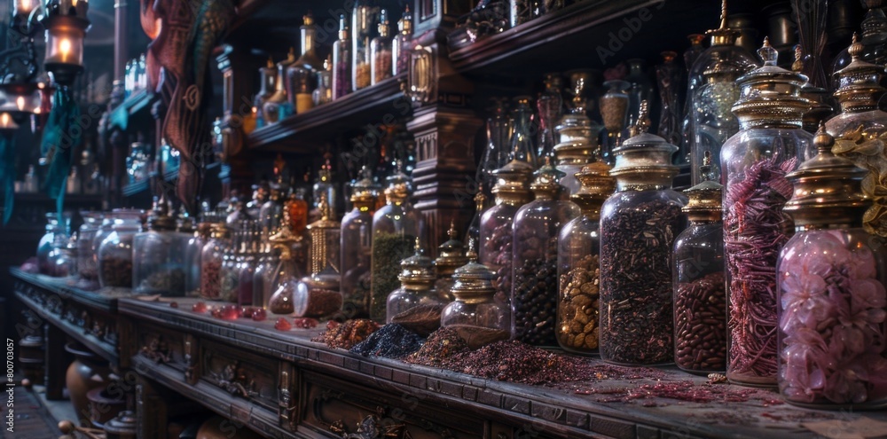 A mystical cabinet lined with jars of rare and exotic ingredients such as mermaid tears phoenix feathers and troll toenails all crucial . .