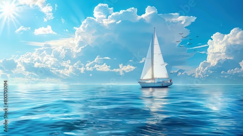 a sailboat in the blue sky and a smooth sea
