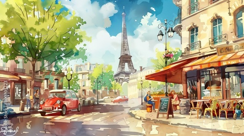 Fototapeta Naklejka Na Ścianę i Meble -  A painting of a Paris city street with a red car parked on the side of the road