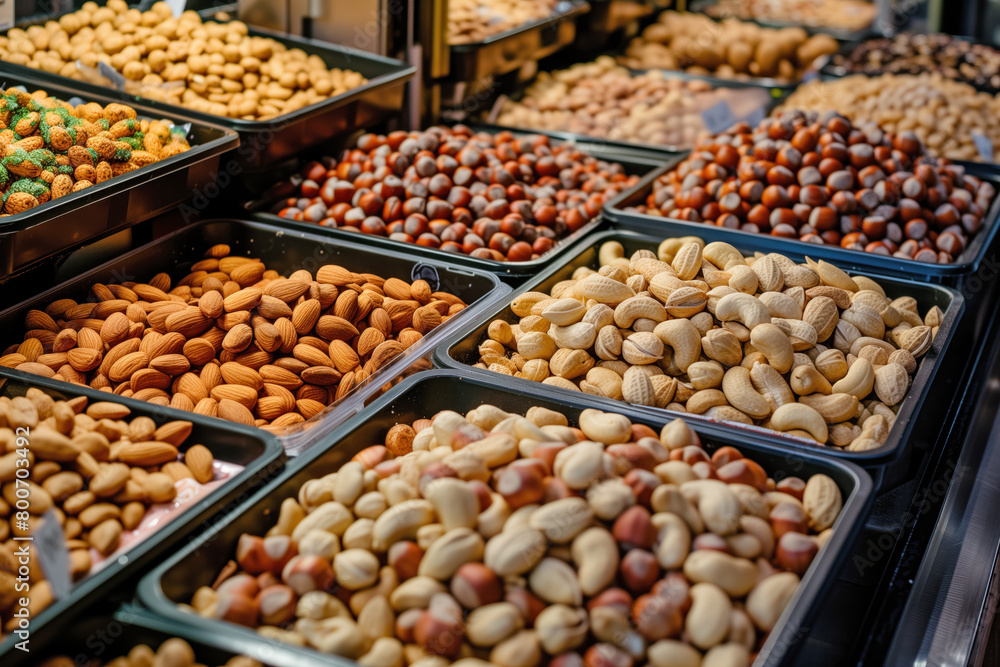 Fototapeta premium A variety of nuts are displayed in a store, including almonds, cashews