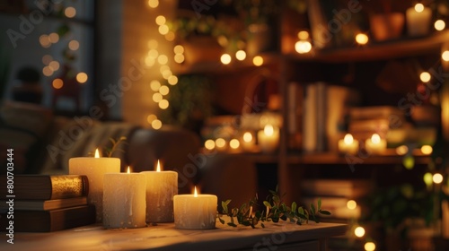 In a cozy reading nook the flickering candlelight from a wall of candles creates a serene and calming ambiance. 2d flat cartoon. photo