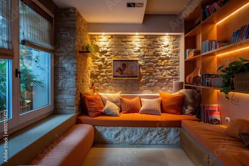 A cozy living room with a brick wall and a window