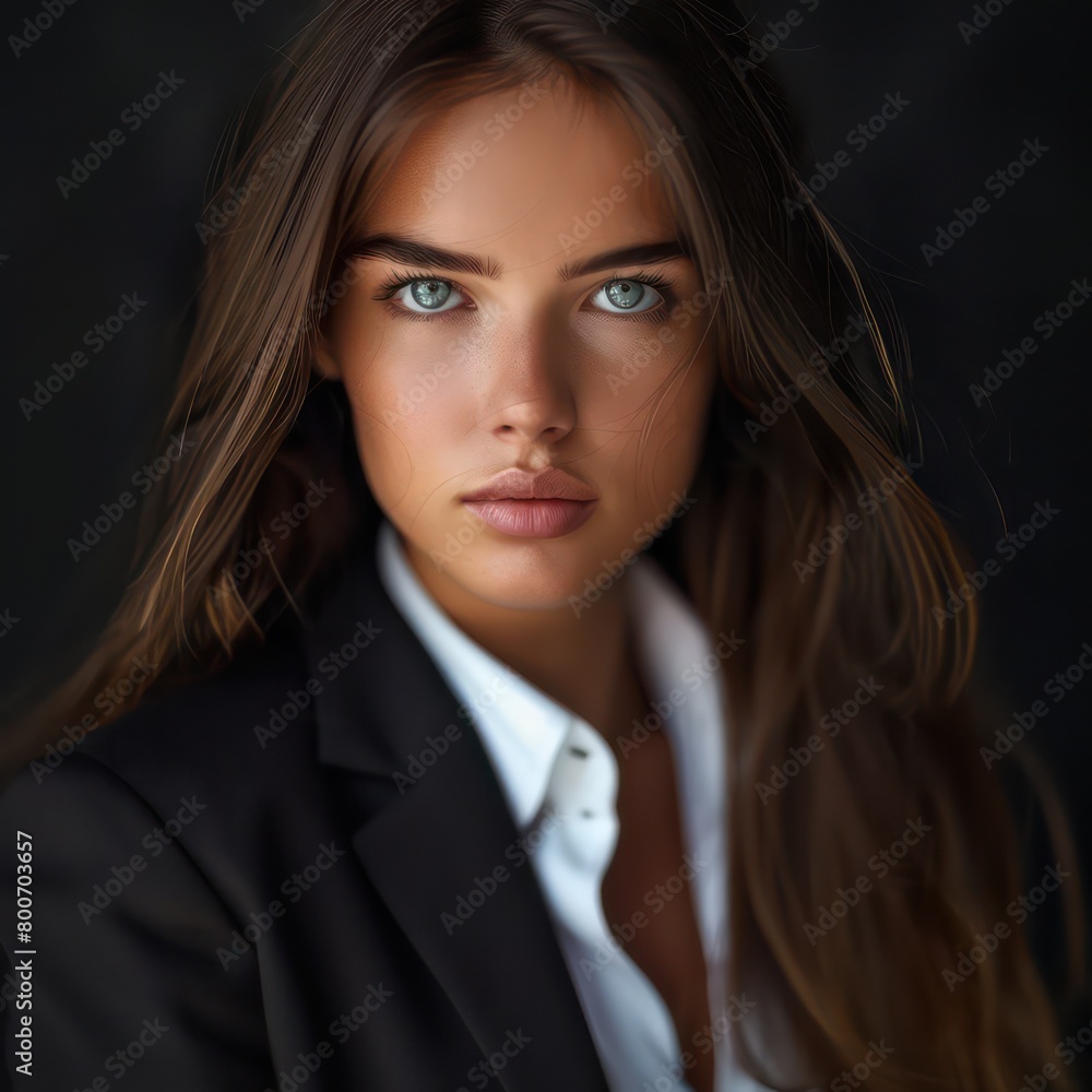 woman with long hair, in a suit looking straight into the camera woman with long hair, in a suit looking straight into the camera