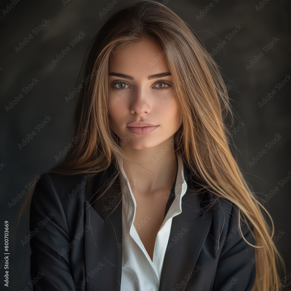 woman with long hair, in a suit looking straight into the camera woman with long hair, in a suit looking straight into the camera