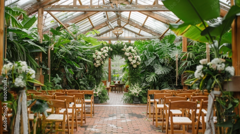 Wedding Ceremony Setup in Lush Greenhouse Conservatory Wedding Ceremony Setup in Lush Greenhouse Conservatory