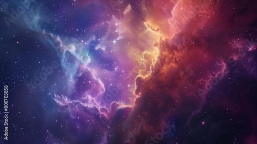 An abstract background of colorful nebulae and stars with smokelike clouds, evoking the vastness of space and celestial beauty.