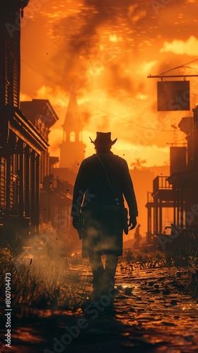 A cowboy seen from behind, standing in a wild west town, surrounded by a retro landscape, in a historical reconstruction using fictional graphics 8K , high-resolution, ultra HD,up32K HD