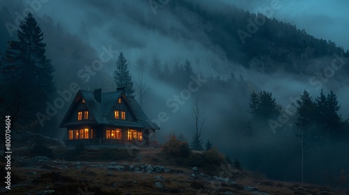 A fairy talelike night landscape with a mysterious lonely house in misty autumn mountains, adding elements of thriller and horror 8K , high-resolution, ultra HD,up32K HD photo