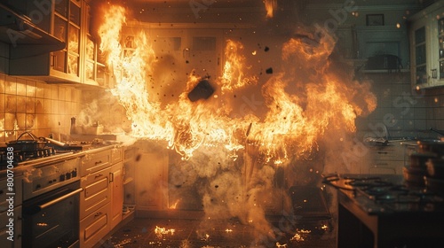 A fire raging in the kitchen, the burning room filled with smoke, depicting a scene of trouble and emergency 8K , high-resolution, ultra HD,up32K HD photo