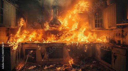 A fire raging in the kitchen, the burning room filled with smoke, depicting a scene of trouble and emergency 8K , high-resolution, ultra HD,up32K HD photo